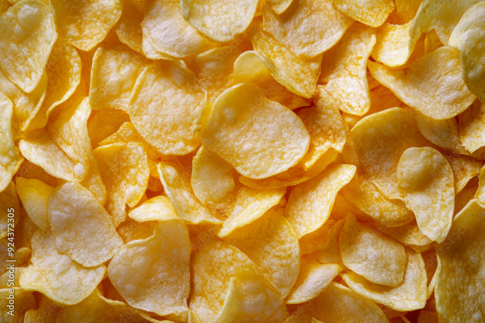 Texture Of Scattered Fried Potato Chips On A Flat Surface, Created With Artificial Intelligence Texture Of Scattered Fried Potato Chips On A Flat Surface, Created With Artificial Intelligence