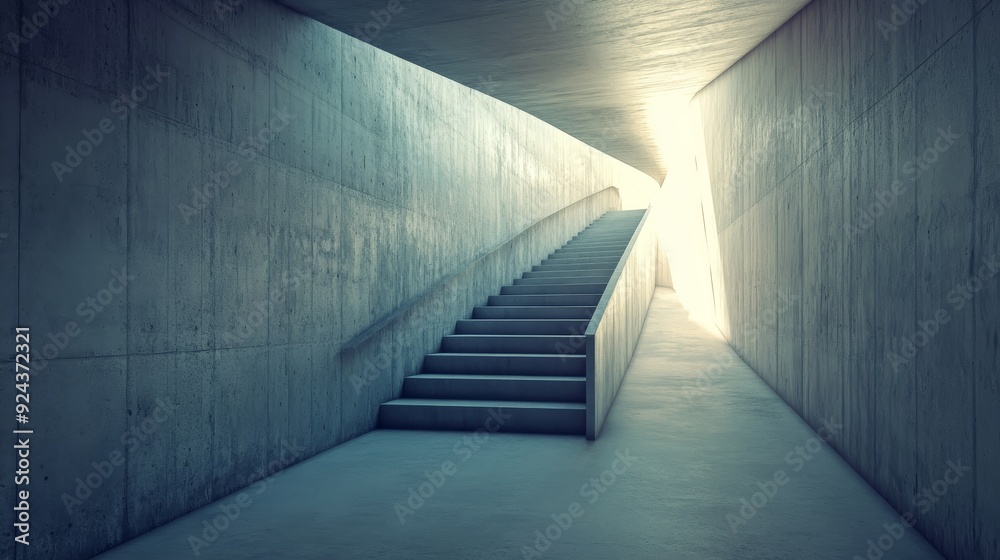 Obraz premium Concrete staircase leading to a bright light at the end of a tunnel.