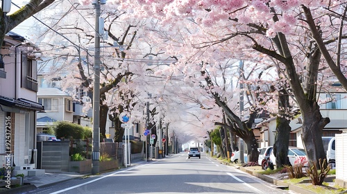 Gorgeous cherry or akura trees in full bloom in the spring along the street