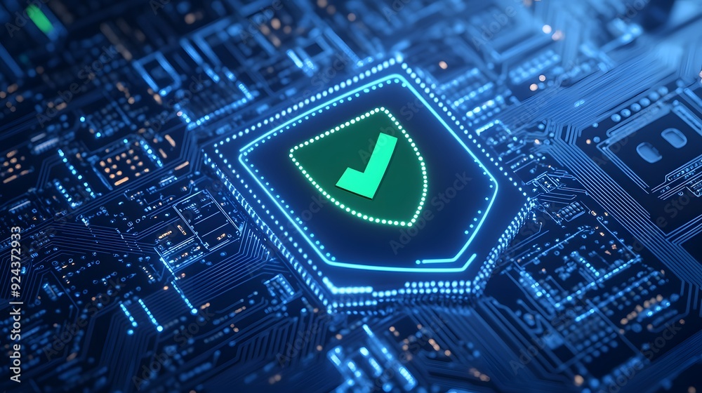 Digital cybersecurity concept with a glowing green shield and check ...