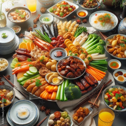 Delicious Chinese Cuisine Spread on Dining Table photo