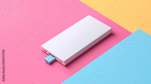 White power bank on a colorful background. Portable charger with USB cable plugged in. Minimalist technology concept. photo