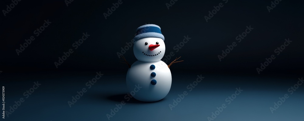 A cheerful snowman with a blue hat stands against a dark blue background. A cheerful snowman with a blue hat stands against a dark blue background.