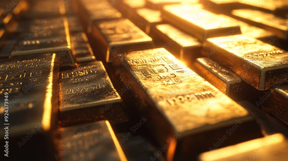 A close-up of a pile of gold bars, illuminated by warm light. The bars are stacked in an organized pattern, creating a sense of wealth and prosperity. A close-up of a pile of gold bars, illuminated by warm light. The bars are stacked in an organized pattern, creating a sense of wealth and prosperity.
