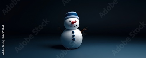 A cheerful snowman with a blue hat stands against a dark blue background.