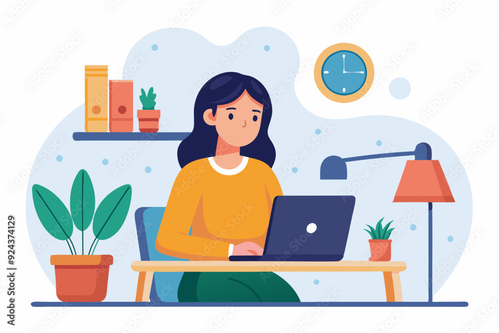 Woman Working on Laptop in Cozy Home Office Woman Working on Laptop in Cozy Home Office