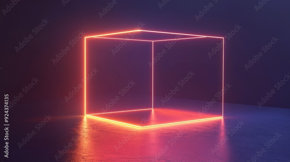 A glowing orange neon cube with a reflective surface. The cube is in a dark room with a blue background. A glowing orange neon cube with a reflective surface. The cube is in a dark room with a blue background.