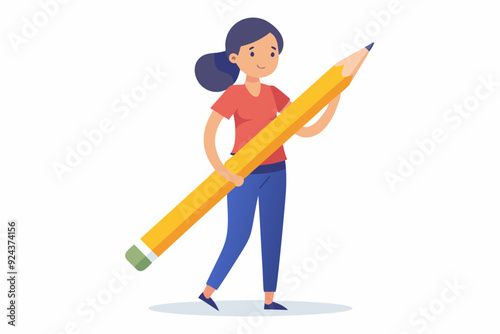 Young Woman Holding a Large Pencil