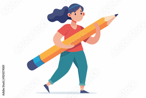Girl Walking with a Giant Pencil