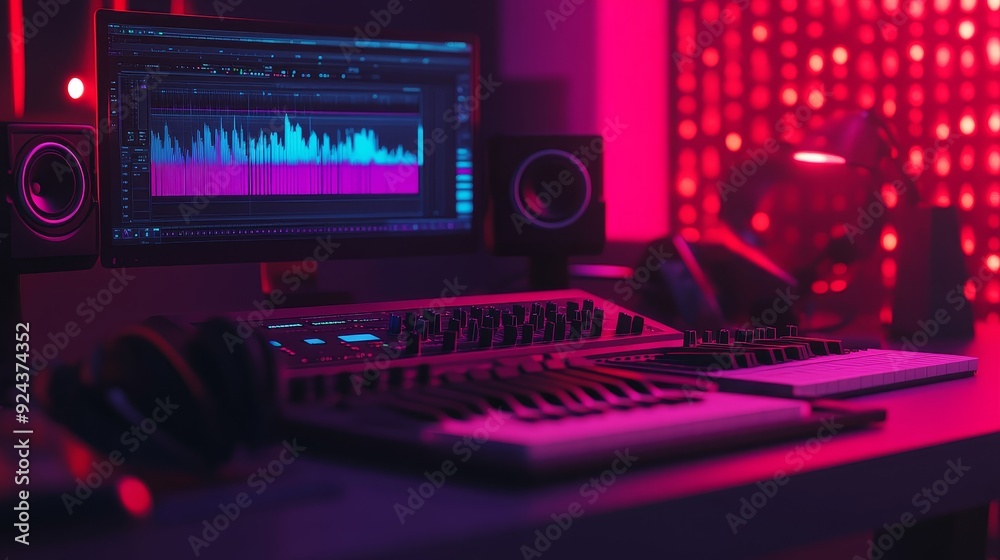 A modern music production studio with a computer, mixing board, speakers and headphones in a red lit room. A modern music production studio with a computer, mixing board, speakers and headphones in a red lit room.