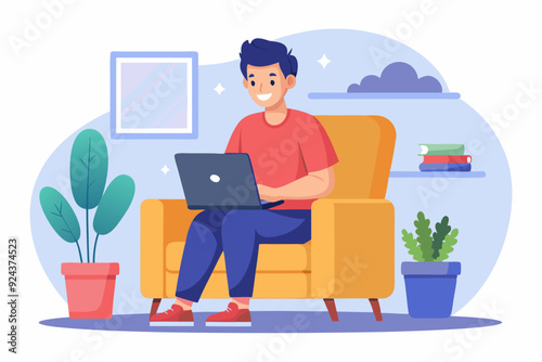 Young Man Working on Laptop in Cozy Living Room