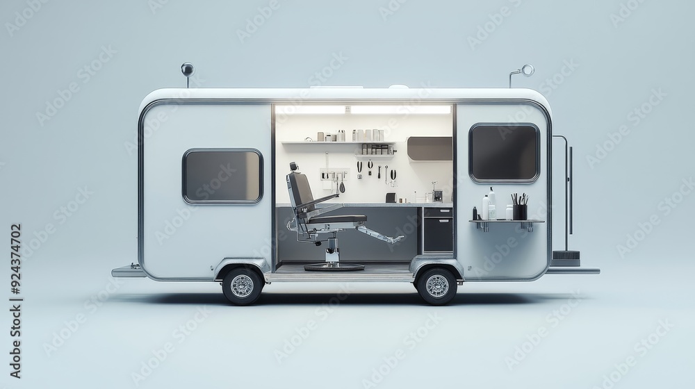 A white camper van with an open door revealing a modern office interior. The van is parked on a gray background. A white camper van with an open door revealing a modern office interior. The van is parked on a gray background.