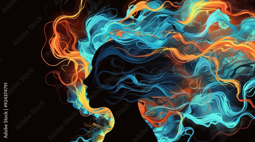 A vibrant silhouette of a woman's profile with flowing hair, illuminated by swirling colors of blue and orange against a dark background. A vibrant silhouette of a woman's profile with flowing hair, illuminated by swirling colors of blue and orange against a dark background.