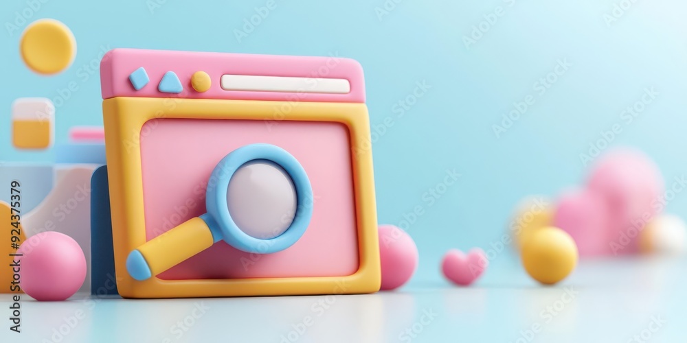 Colorful 3D illustration of a browser window with a magnifying glass, representing online search and digital exploration. Colorful 3D illustration of a browser window with a magnifying glass, representing online search and digital exploration.