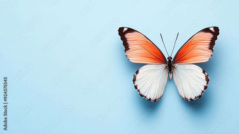 Obraz premium Stunning macro butterfly shot a beautiful close-up of a colorful butterfly perched against a soft blue backdrop. This image captures the delicate details of its wings and vibrant colors showcasing