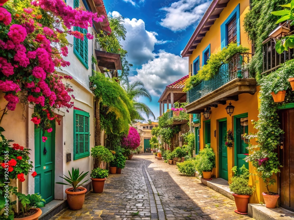 Charming island town scene featuring colorful buildings, quaint bars, and rustic houses along a narrow street lined with lush tropical greenery and vibrant blooms. Charming island town scene featuring colorful buildings, quaint bars, and rustic houses along a narrow street lined with lush tropical greenery and vibrant blooms.