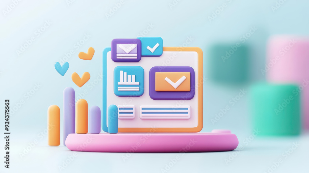 Obraz premium Colorful digital interface showcasing notifications, graphs, and messages, ideal for modern technology and communication themes.