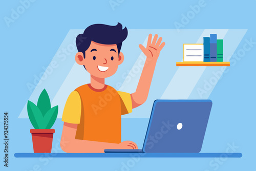 Cheerful Young Man Waving at Laptop