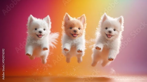 Three adorable white puppies jump in mid-air against a vibrant, colorful background.