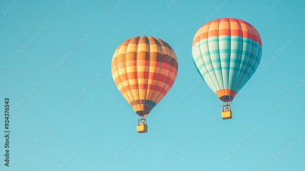 Naklejka premium Two colorful hot air balloons soar against a clear blue sky.
