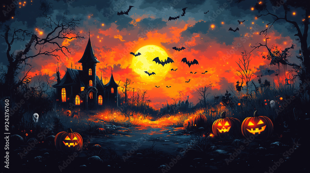 Halloween-themed greeting card designed in real style , featuring a spooky yet playful scene. The card includes elements like a jack-o'-lantern, a haunted house, bats, and a full moon, all set against Halloween-themed greeting card designed in real style , featuring a spooky yet playful scene. The card includes elements like a jack-o'-lantern, a haunted house, bats, and a full moon, all set against