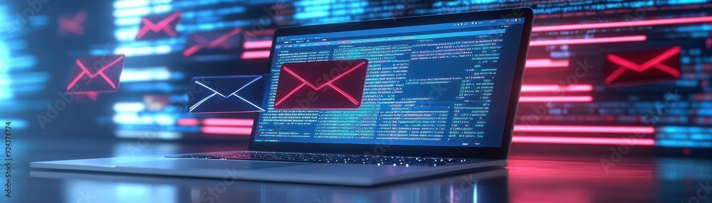A laptop screen displaying email icons and data analytics, representing digital communication and technology in a modern workspace. A laptop screen displaying email icons and data analytics, representing digital communication and technology in a modern workspace.