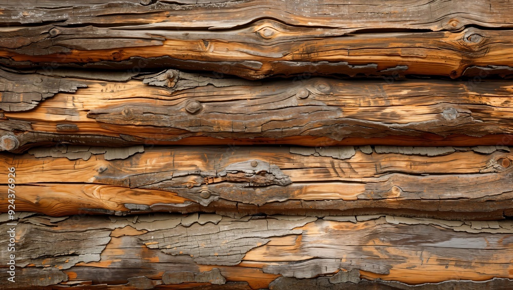 Fototapeta premium Experience the rustic beauty of aged wood. The rich textures and vibrant colors showcase nature's artistry, a testament to time's passage in a warm and inviting atmosphere.