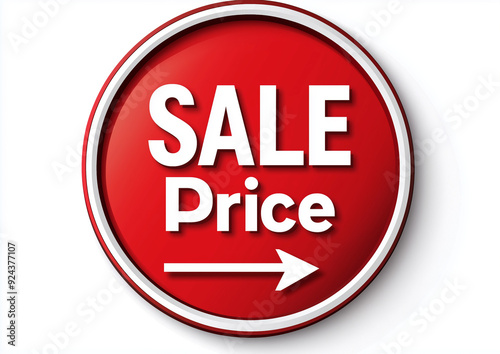 Round sticker with the text "SALE" and an arrow pointing down, red color on white background, simple vector style, large text saying "Price Down", transparent PNG.