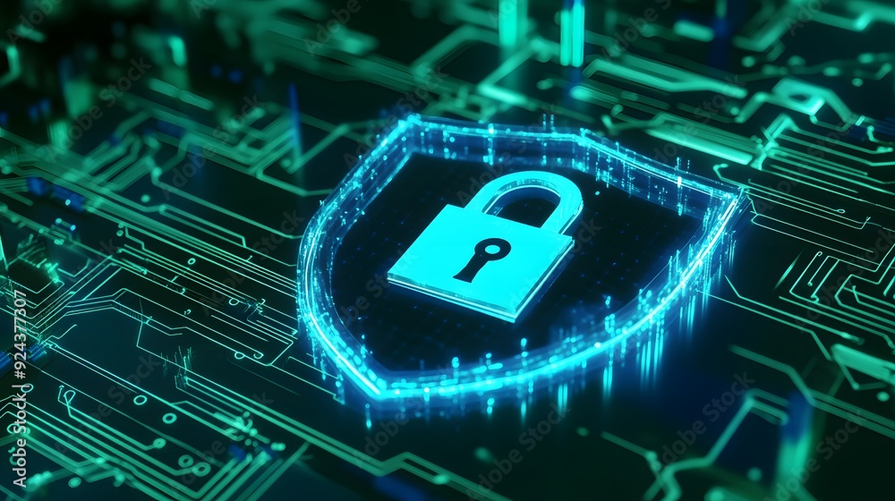 Digital security shield with padlock symbol on a circuit board representing online protection and cybersecurity. Digital security shield with padlock symbol on a circuit board representing online protection and cybersecurity.