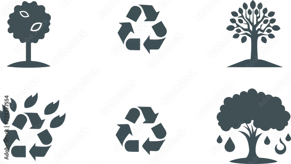 Fototapeta premium A simple vector icon set of ecology and nature symbols, including a recycling symbol, tree, water drop, and earth .icons in black and white style with isolated on white 