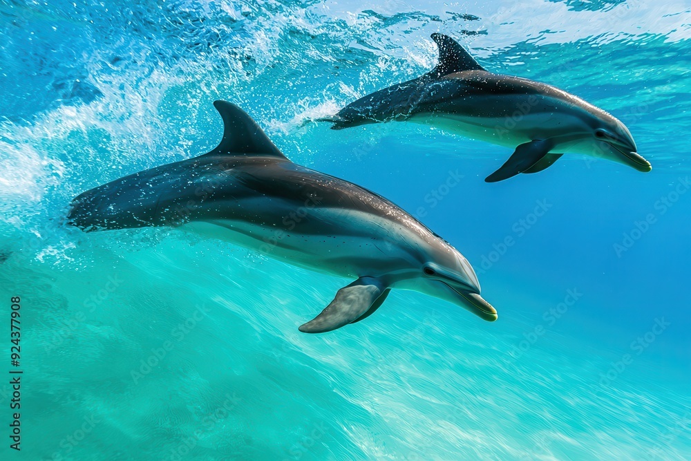 Lively dolphins swim, jump, and leap through the surf with vibrant energy.
Lively dolphins swim, jump, and leap through the surf with vibrant energy.
