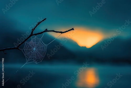 A spider web delicately spun on a branch, silhouetted against the soft hues of the evening sky.


 photo