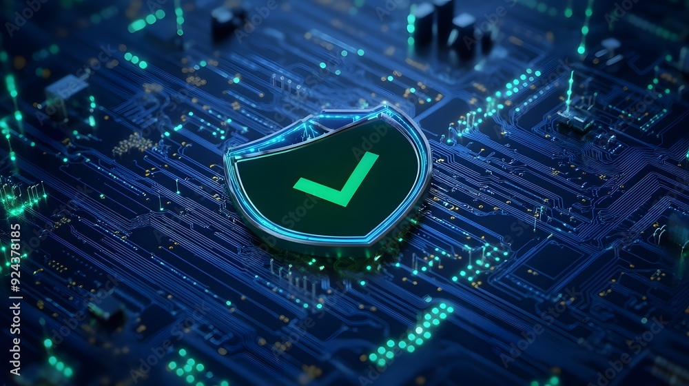 Digital shield with green checkmark on a circuit board, representing cybersecurity and data protection technology. Digital shield with green checkmark on a circuit board, representing cybersecurity and data protection technology.