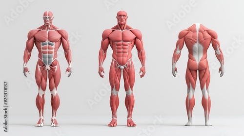 3D model showcasing human muscle anatomy from multiple perspectives, ideal for educational and medical purposes.