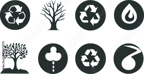 A simple vector icon set of ecology and nature symbols, including a recycling symbol, tree, water drop, and earth .icons in black and white style with isolated on white 