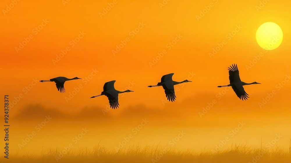 A flock of cranes gracefully soaring above the early morning mist in a serene rural landscape.
A flock of cranes gracefully soaring above the early morning mist in a serene rural landscape.