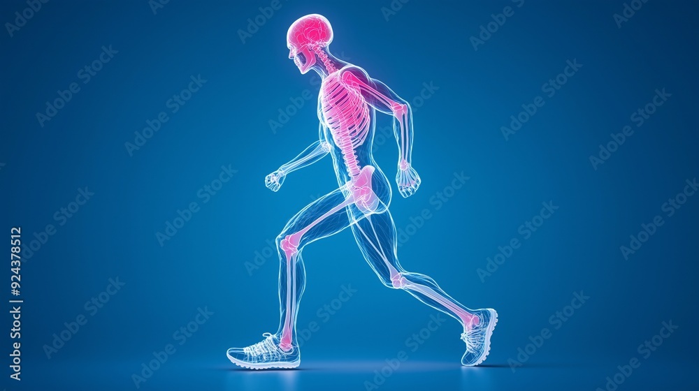 Obraz premium A visual representation of a running human skeleton, highlighting muscles and bones against a vibrant blue background.