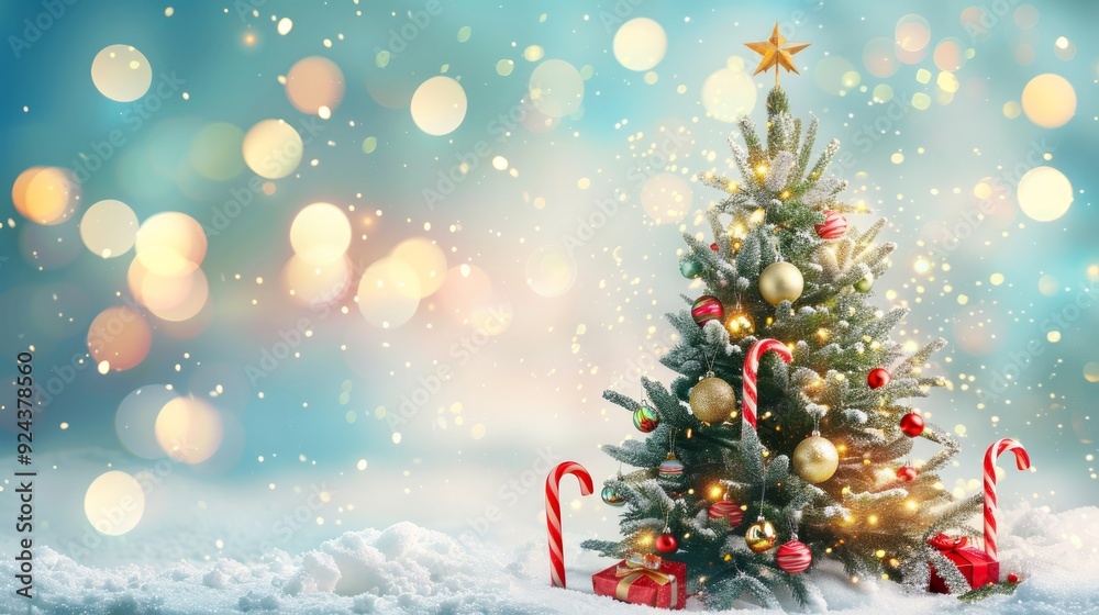Christmas tree with ornaments glass transparent balls with candy cane on winter snowy background bright golden bokeh lights. Merry Christmas and Happy New Year festive gift card. Vector illustration Christmas tree with ornaments glass transparent balls with candy cane on winter snowy background bright golden bokeh lights. Merry Christmas and Happy New Year festive gift card. Vector illustration
