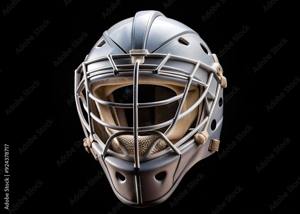 Close-up of a protective ice hockey goalie mask isolated on a black background, showcasing its intricate design and ventilated features. Close-up of a protective ice hockey goalie mask isolated on a black background, showcasing its intricate design and ventilated features.