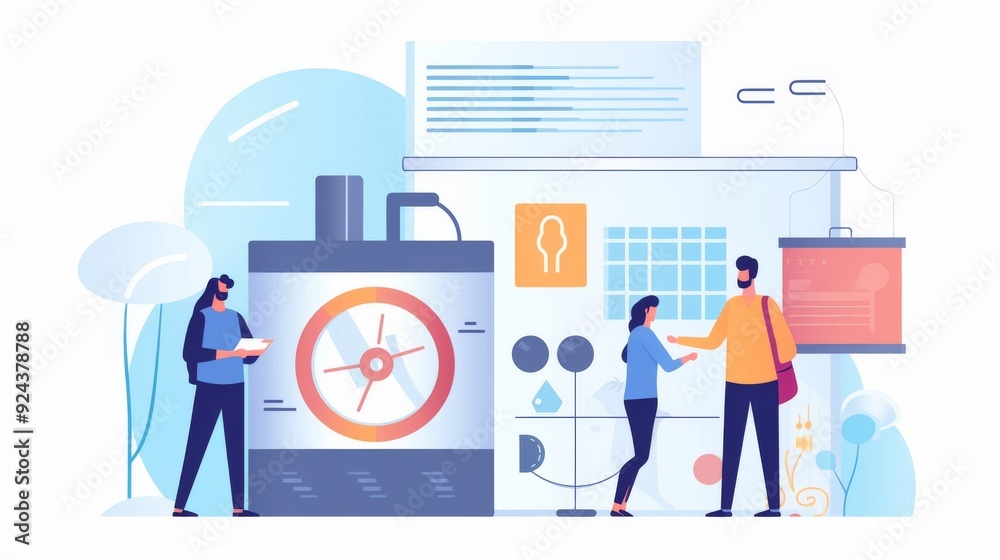 Fototapeta premium A group of people are standing around a machine with a clock on it