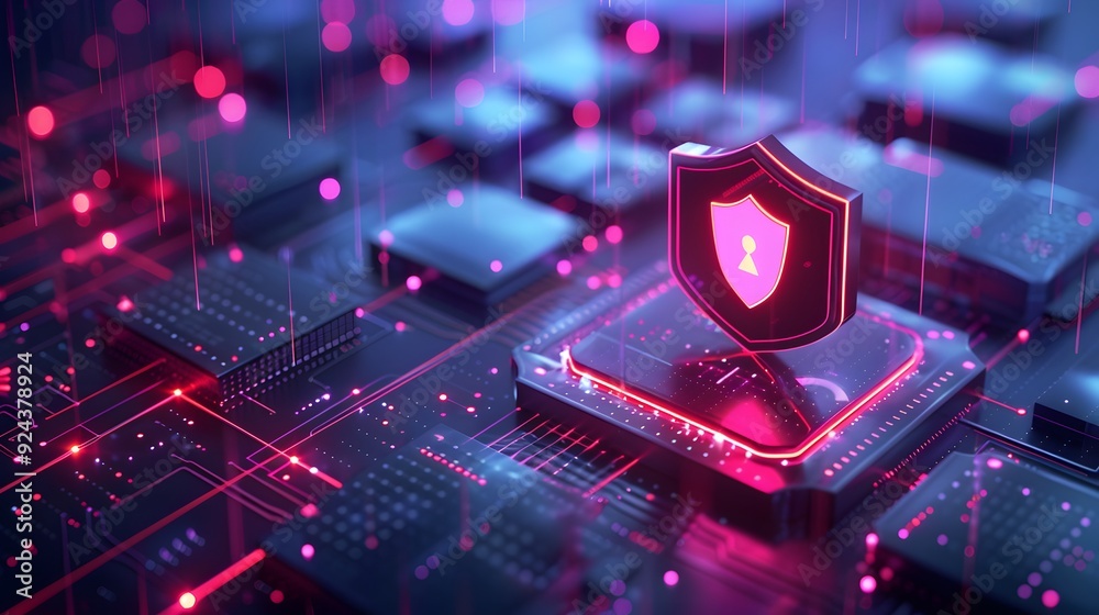 Futuristic cybersecurity concept with a digital shield icon on a ...