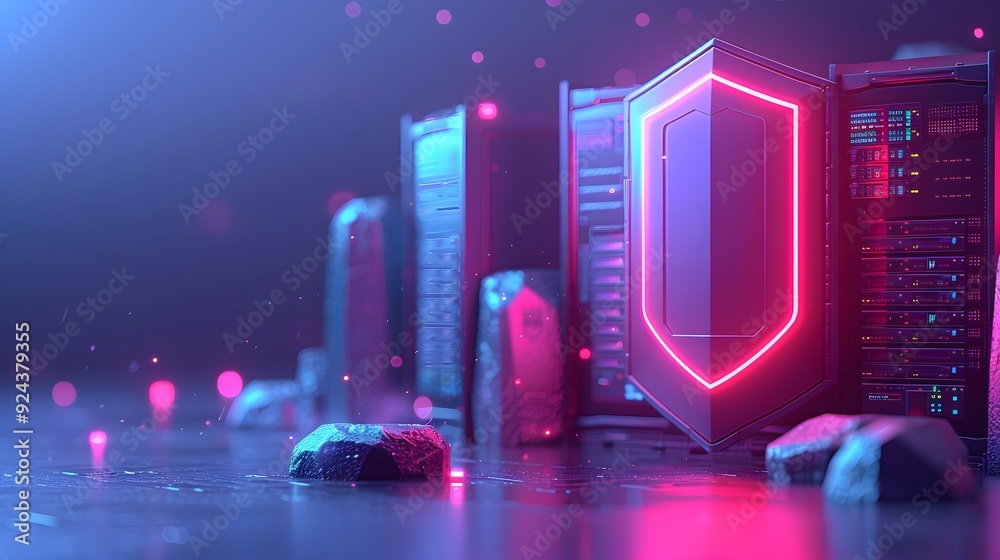Futuristic data center with glowing shield icon, representing ...