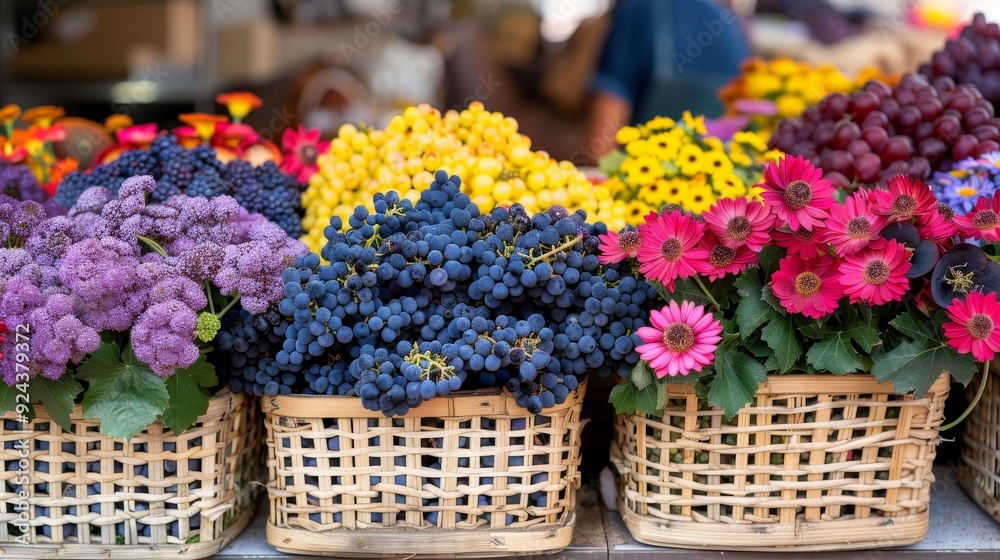 Fresh Flowers and Grapes in Wicker Baskets, Vibrant Colors of Natures Bounty on Display Fresh Flowers and Grapes in Wicker Baskets, Vibrant Colors of Natures Bounty on Display