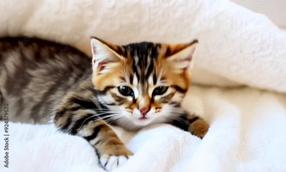 Bengal kitten plays on a white blanket