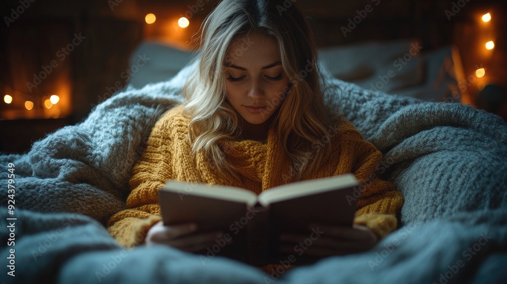 Cozy and warm feeling of freedom in a story, a beautiful woman reading a book in bed, an activity for a contented single woman on the weekend. Cozy and warm feeling of freedom in a story, a beautiful woman reading a book in bed, an activity for a contented single woman on the weekend.