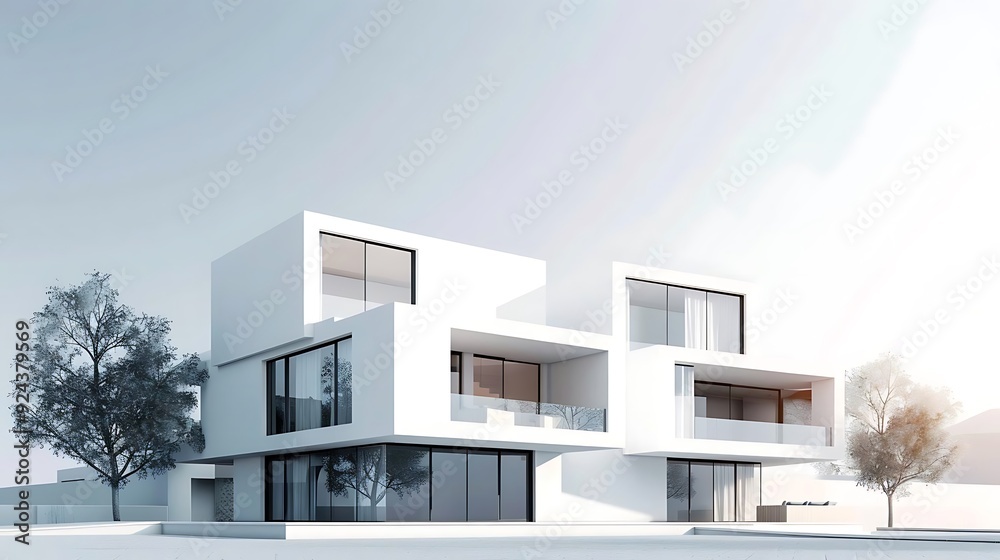 Modern White House with Large Windows 3D Illustration Modern White House with Large Windows 3D Illustration