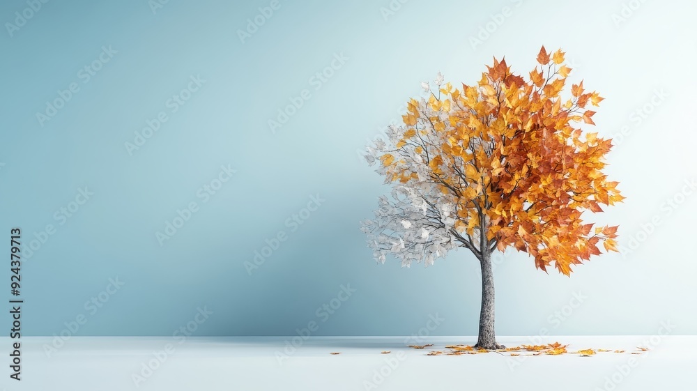 Tree in transition with leaves changing colors, symbolizing cycle of life. Tree in transition with leaves changing colors, symbolizing cycle of life.
