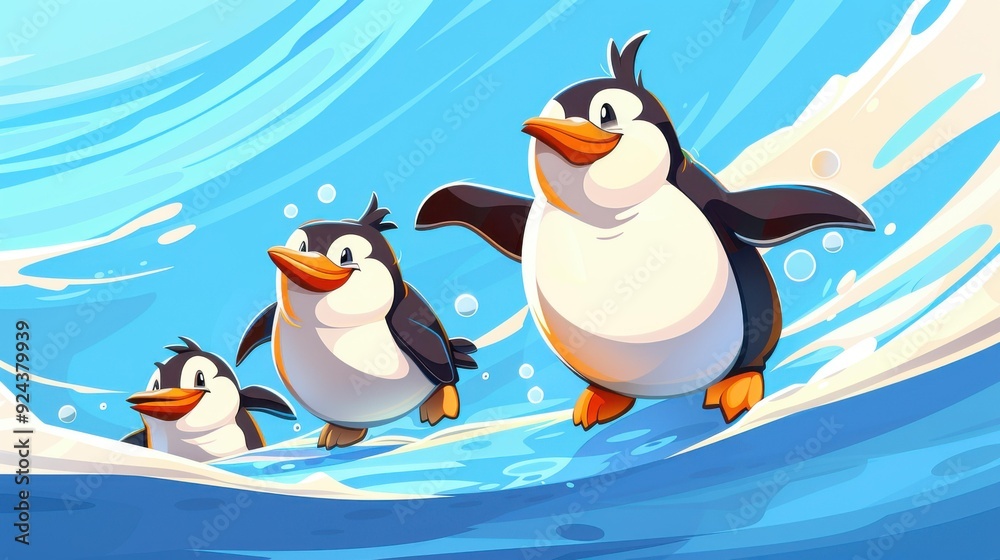Obraz premium A cute baby penguin swims joyfully with its family underwater in this vibrant modern illustration full of textures and charm.