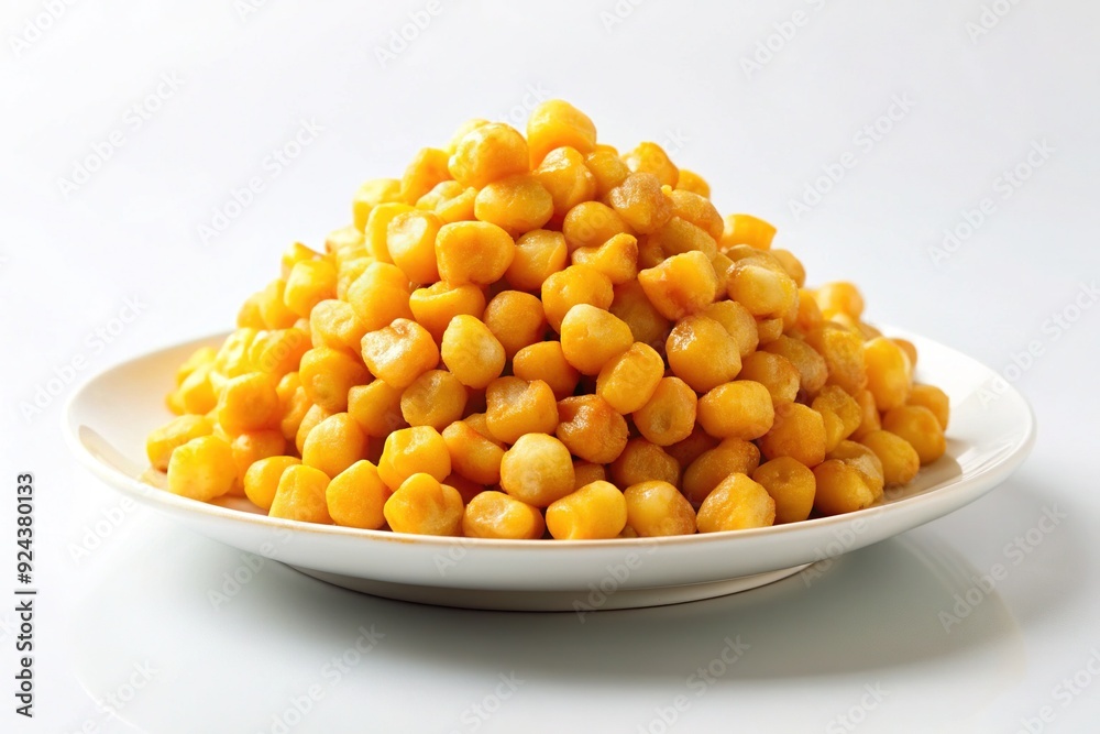 Close-up of crispy fried corn kernels piled high on a small white plate, golden and irresistible, against a clean and minimalist white background. Close-up of crispy fried corn kernels piled high on a small white plate, golden and irresistible, against a clean and minimalist white background.