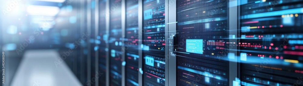 An advanced server room with neatly arranged data servers, showcasing modern technology and high-speed data processing. An advanced server room with neatly arranged data servers, showcasing modern technology and high-speed data processing.